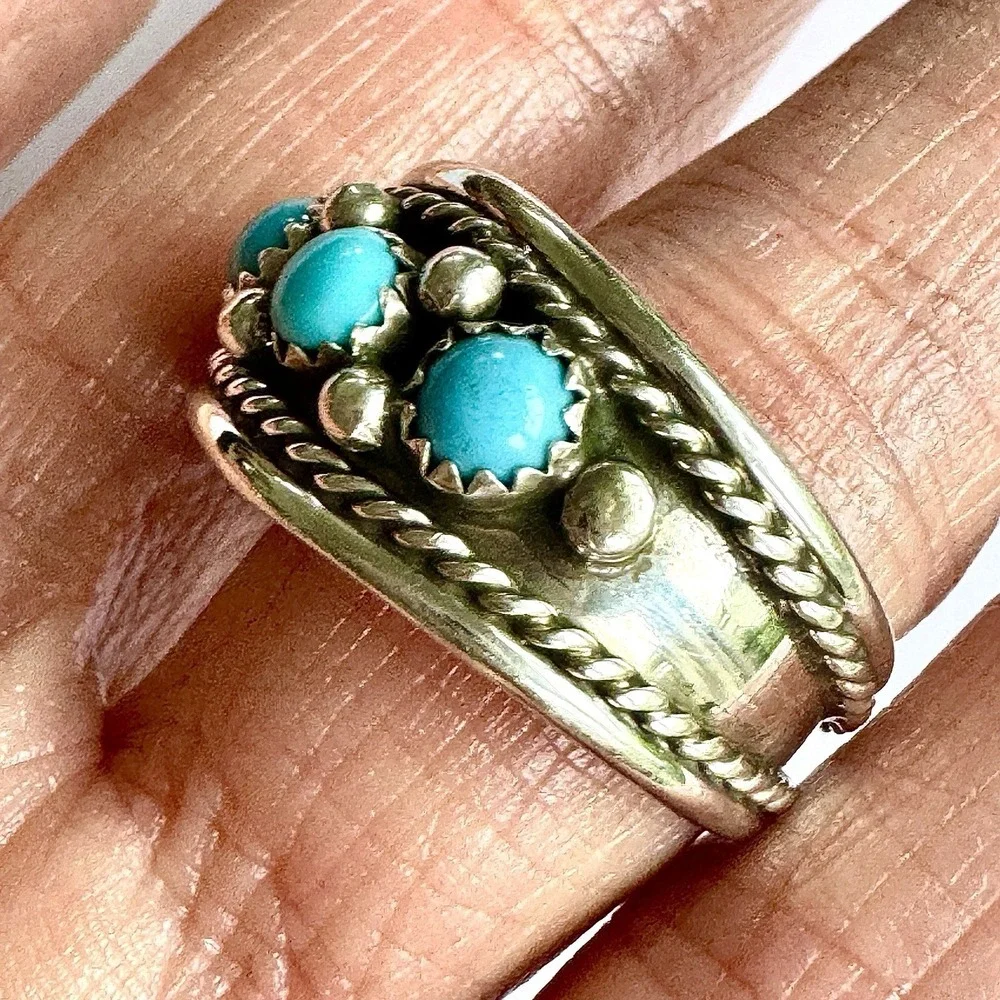 Navajo Turquoise Mens‎ Band Sz 12 Ring 13mm Three Stone Sterling Native Rope
